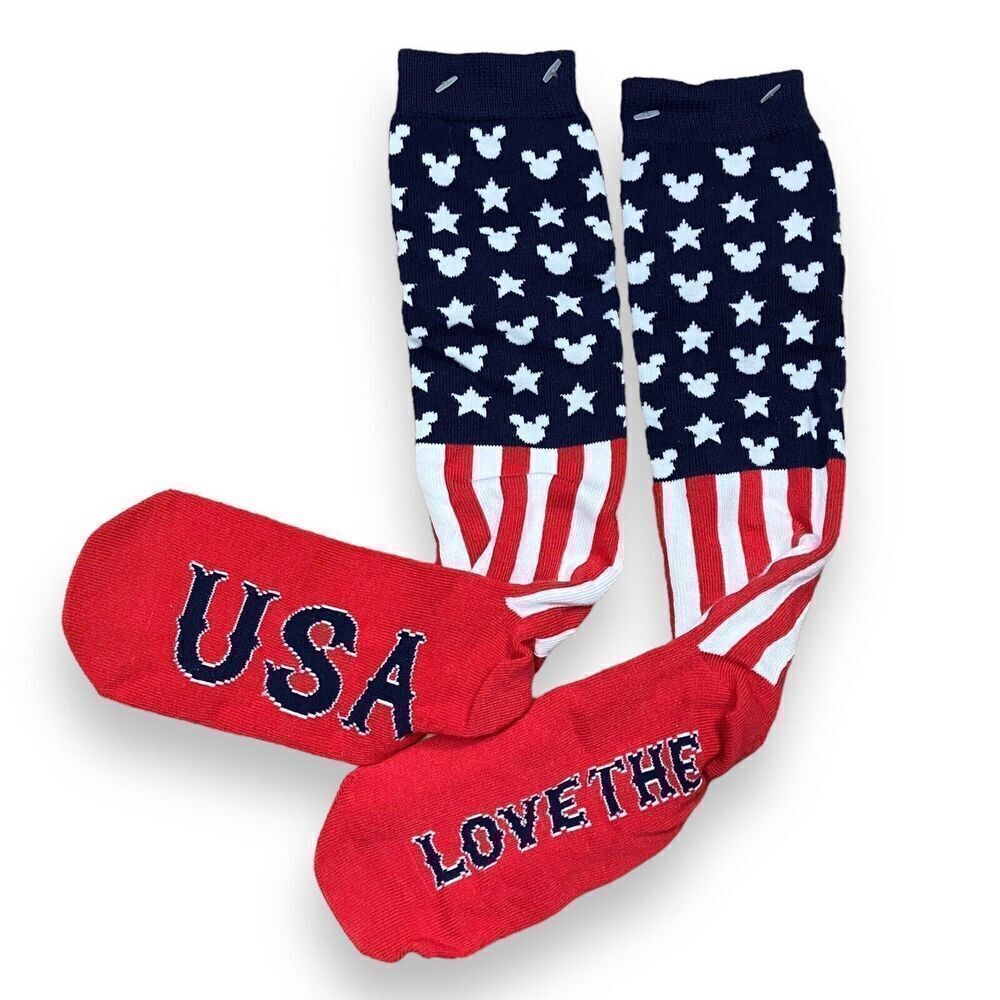 DISNEY PARKS MICKEY MOUSE ICON Love the USA Stars Stripes Adult Socks Red Blue